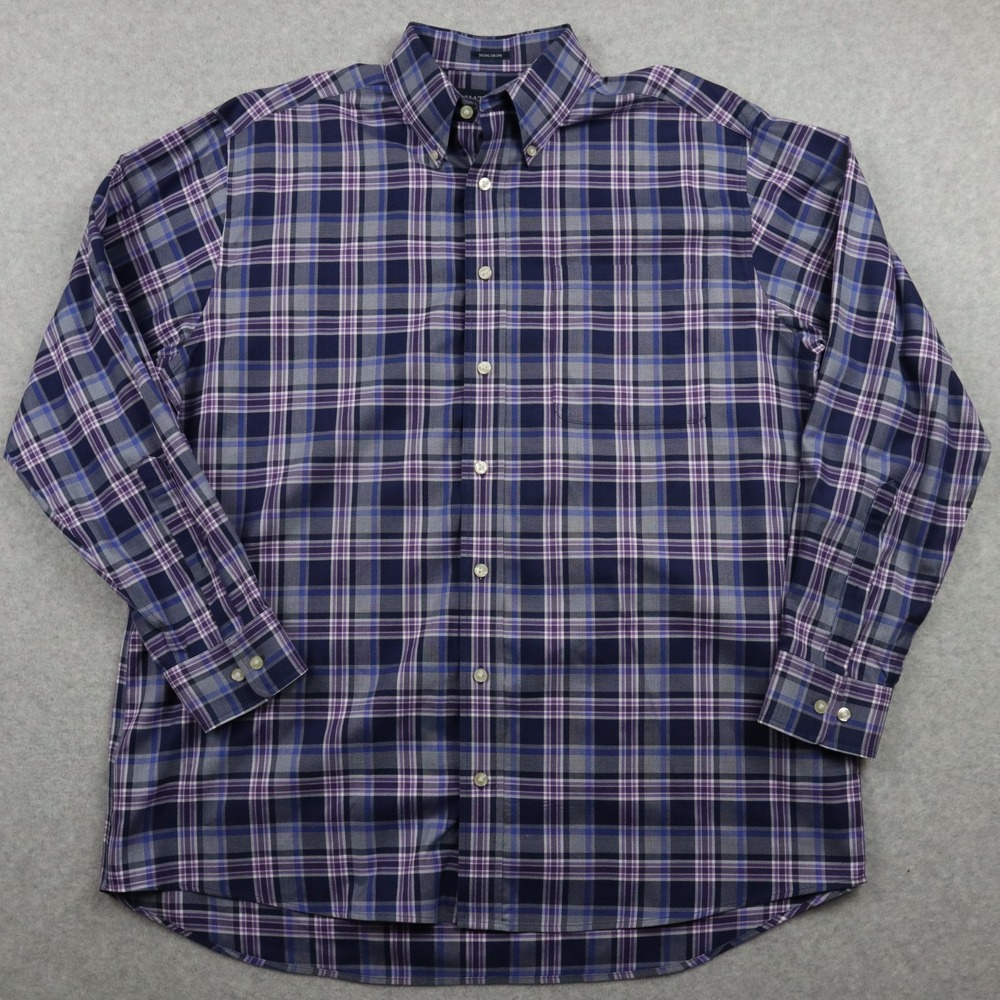 Hathaway Shirt Mens Large Non-Iron‎ Pocket Button Down Purple Plaid Long Sleeve